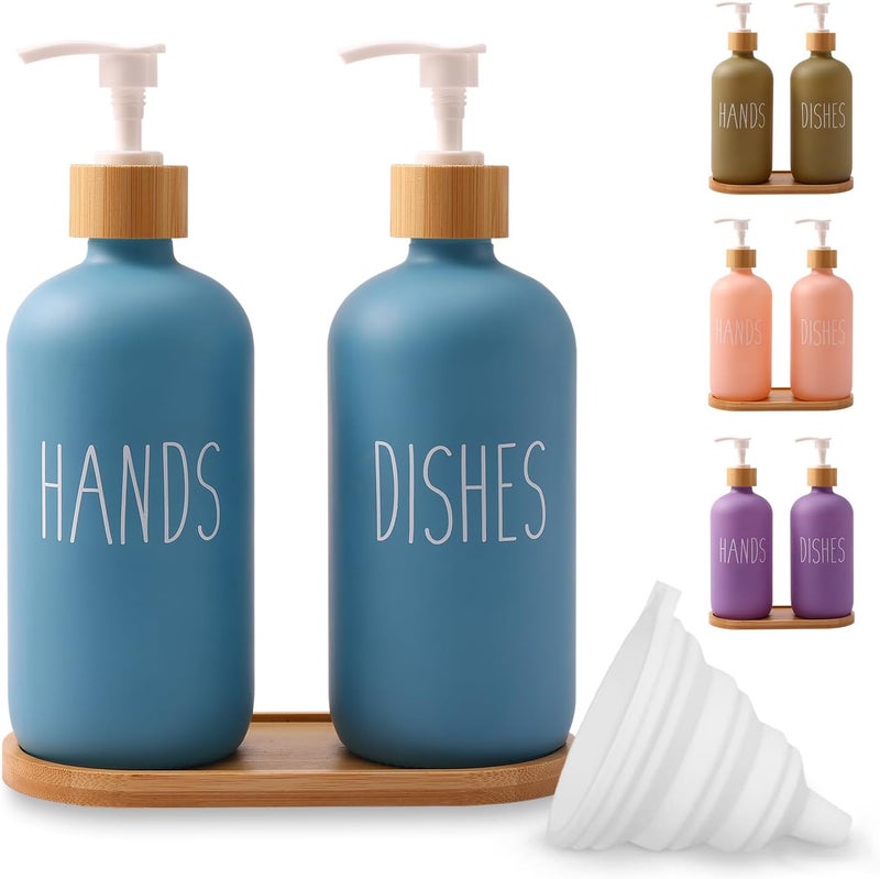 Loochica 2 Pack Blue Glass Soap Dispenser Set with Tray, Hand and Dish Glass Soap Dispensers for Kitchen Sink, Kitchen Soap Dispenser Set Suitable for Kitchen Décor - Image 1